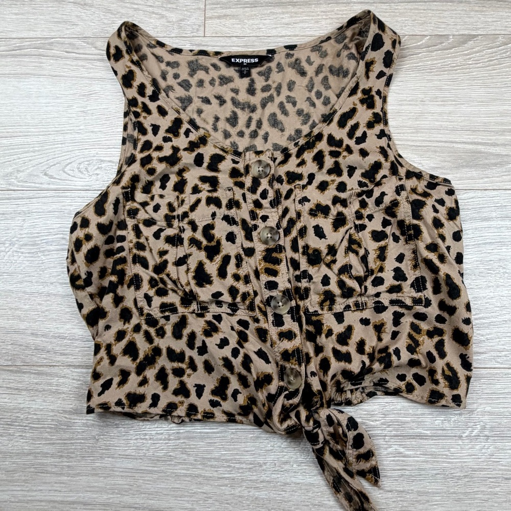Express Leopard Print Tie Front Crop Top Sleeveless Button Up Blouse Small